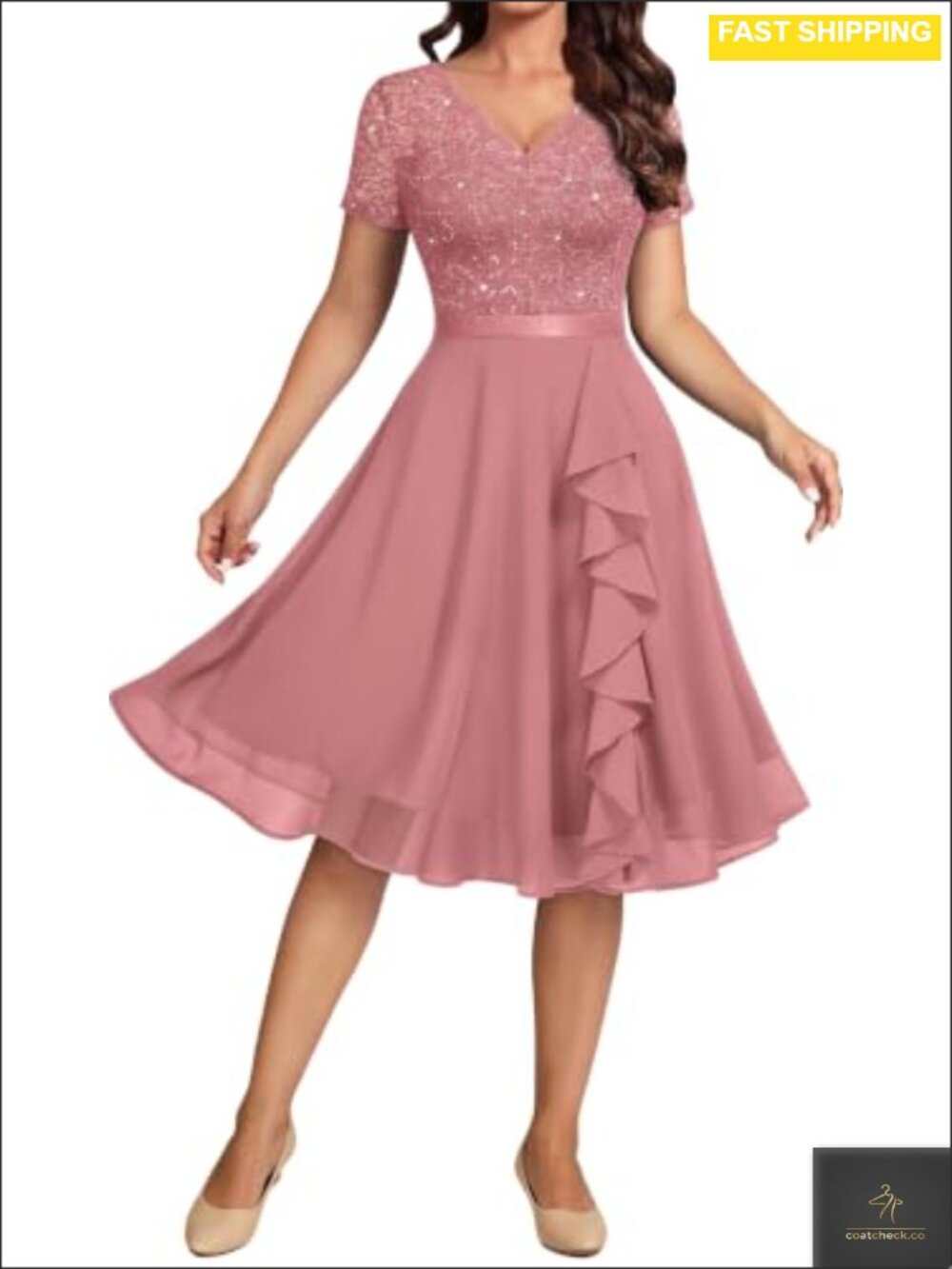Sequin Lace A-Line Cocktail Party Dress Short Sleeve
